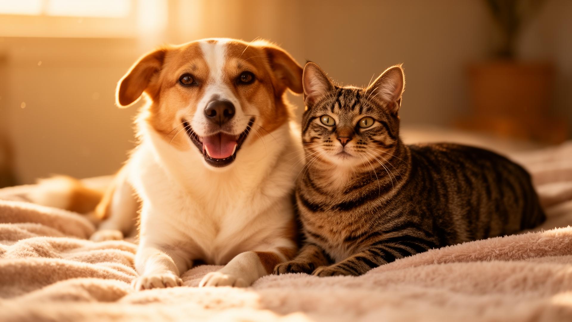 Glücklicher Hund und Katze gemeinsam auf einer Decke